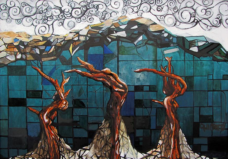 Jordan Quintero, Painting, Contemporary Art, Contemporary Figurative Painting, Mythological Art, Surrealist Art, Urban, Organic, Street Art, Trees, Transformation, Visonary Art