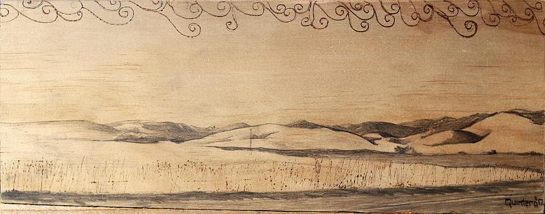 Abstracted Minimal Mountainscape With Ancestral Markings Mixed Media on Raw Wood