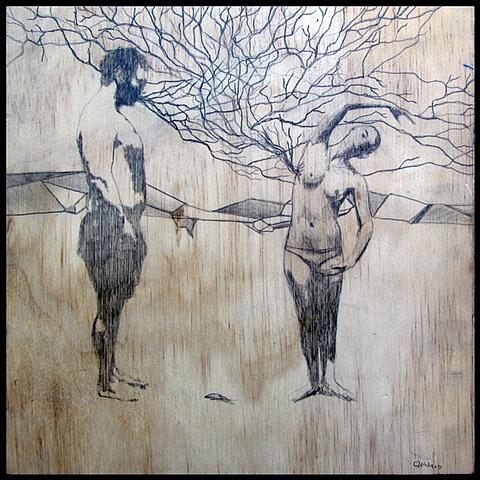 botanical organic branches erotic contemporary figure drawing pencil on wood
