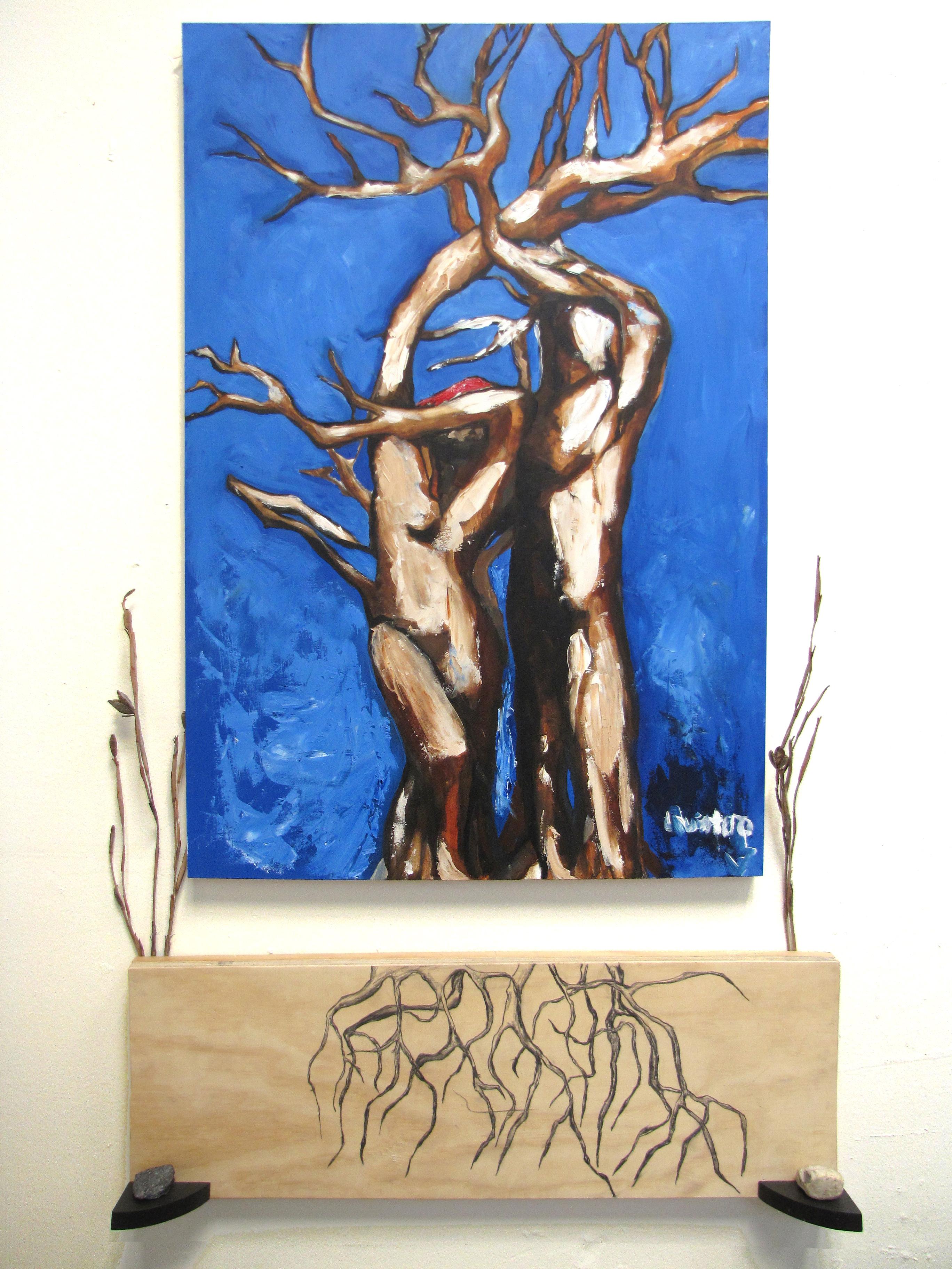 painting, contemporary, figurative, installation, altar, Pyrhha, Deucalion, Mythology, Jordan Quintero, Painting, Contemporary, Figurative Painting, Surrealist, Urban, Organic, Street, Trees, Transformation