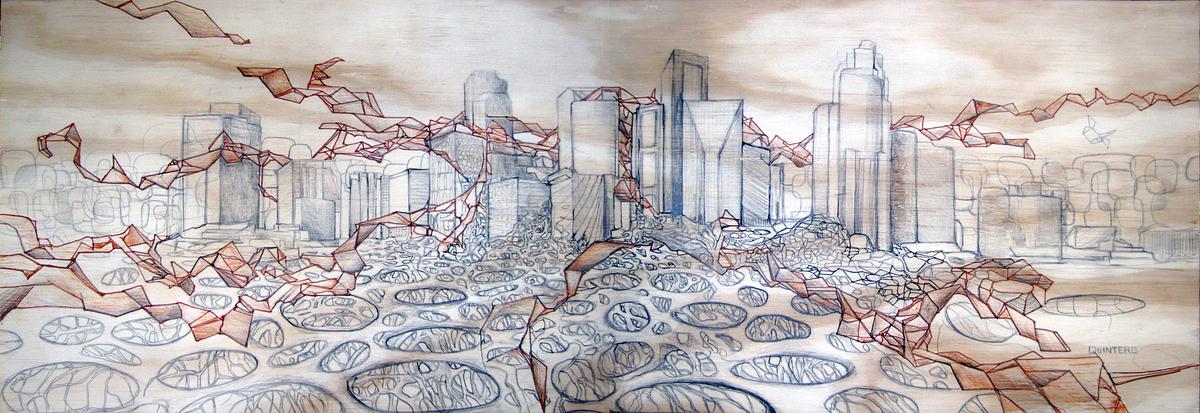 architecture, cityscape, skyline, fantasy city, city roots, drawing on wood, 