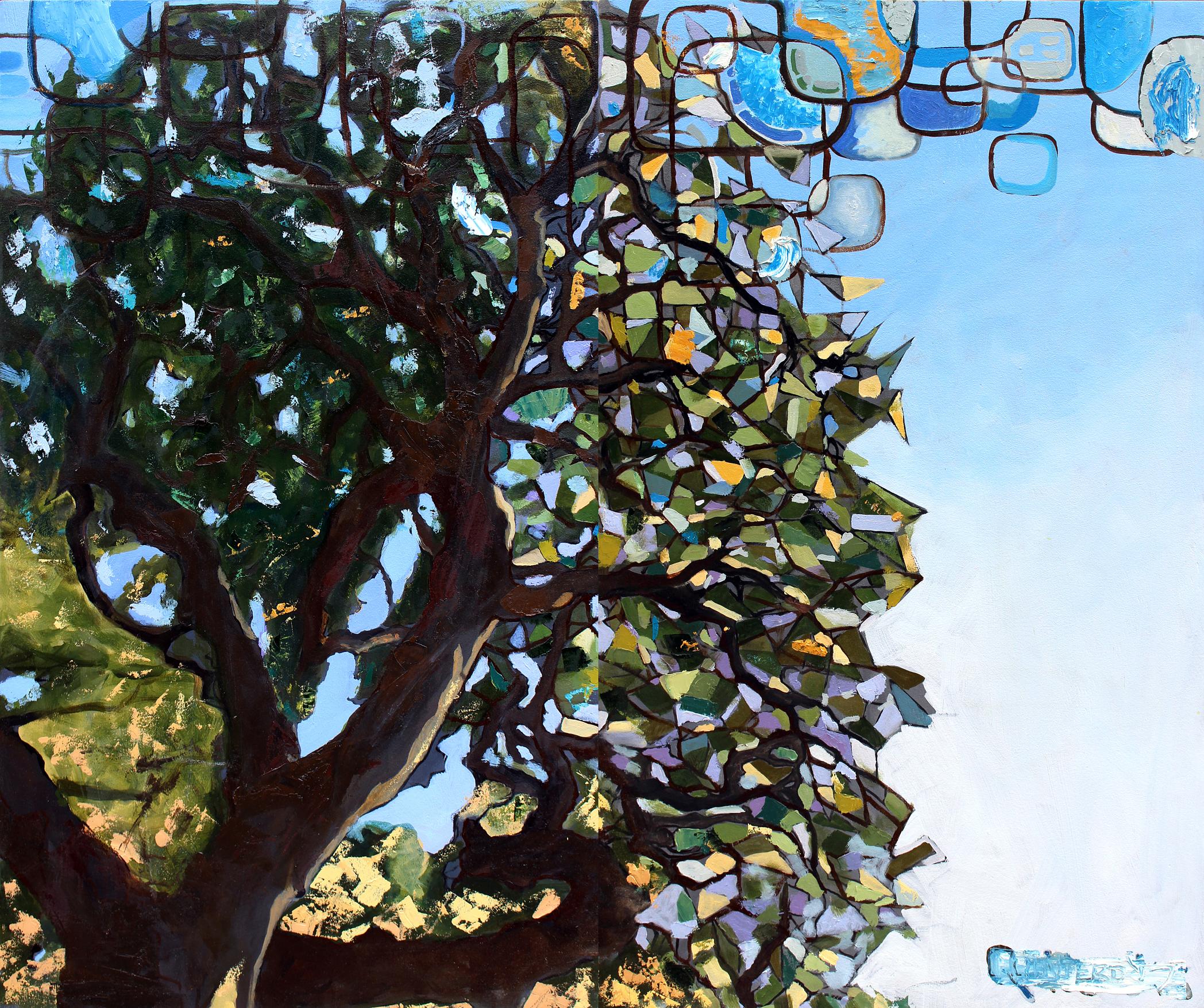 trees, drought, abstract, oil painting, mythology, inversions, oaks, triangles, greens, browns, blues
