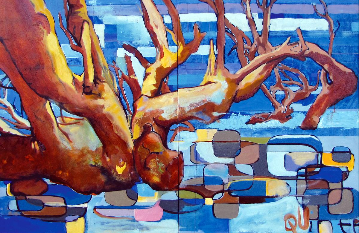 trees, oil painting, abstract representation, street art, blue painting