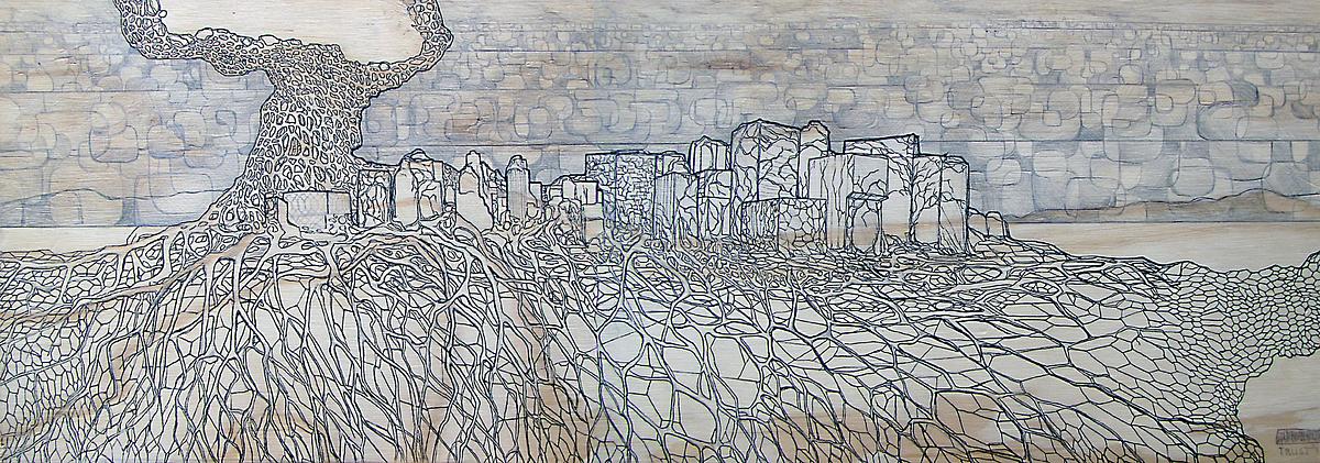 architecture, cityscape, skyline, fantasy city, city roots, drawing on wood,