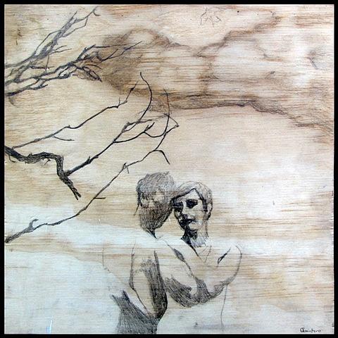 botanical organic branches erotic contemporary figure drawing pencil on wood