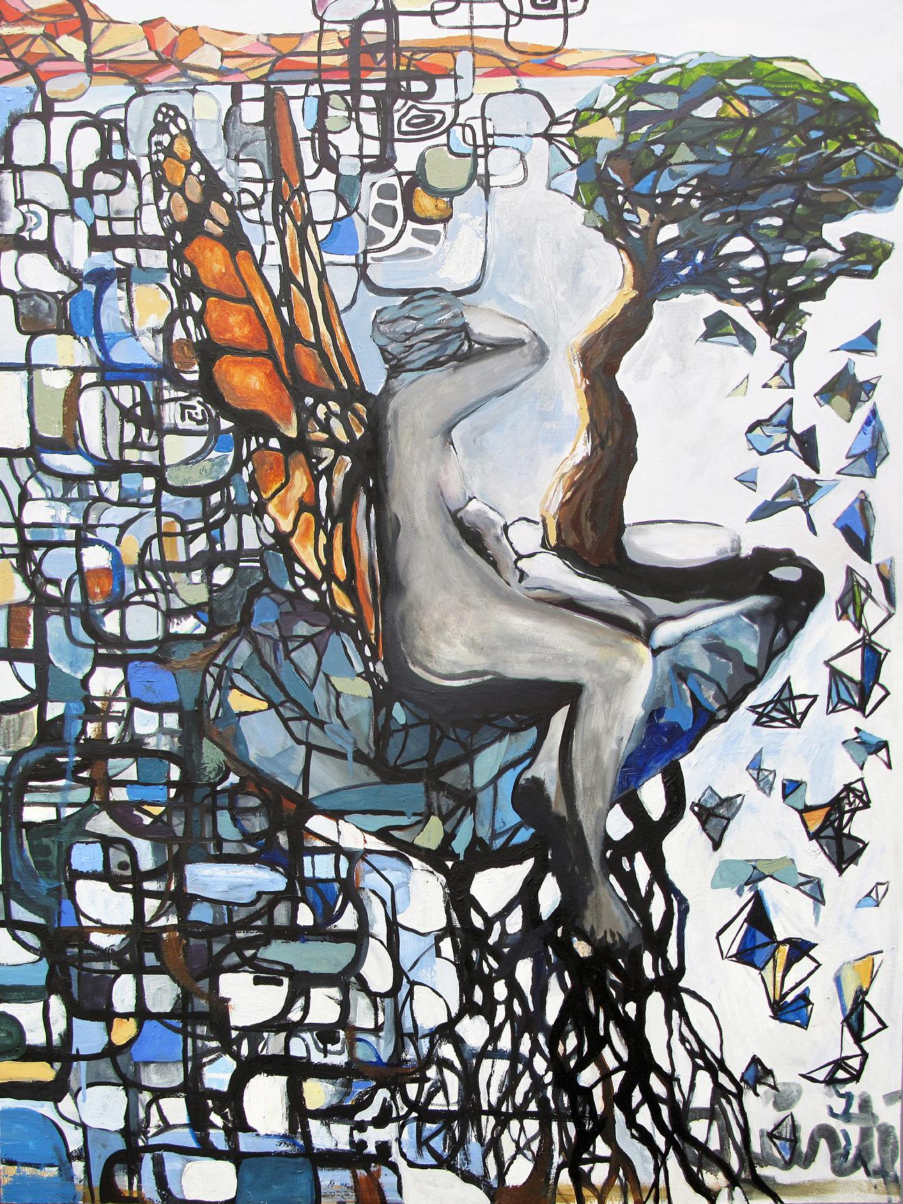 Abstract surrealist contemporary oil painting with mythological themes and arboreal motifs. 