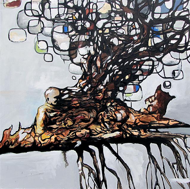 Jordan Quintero, Painting, Contemporary Art, Contemporary Figurative Painting, Mythological Art, Surrealist Art, Urban, Organic, Street Art, Trees, Transformation, Visonary Art