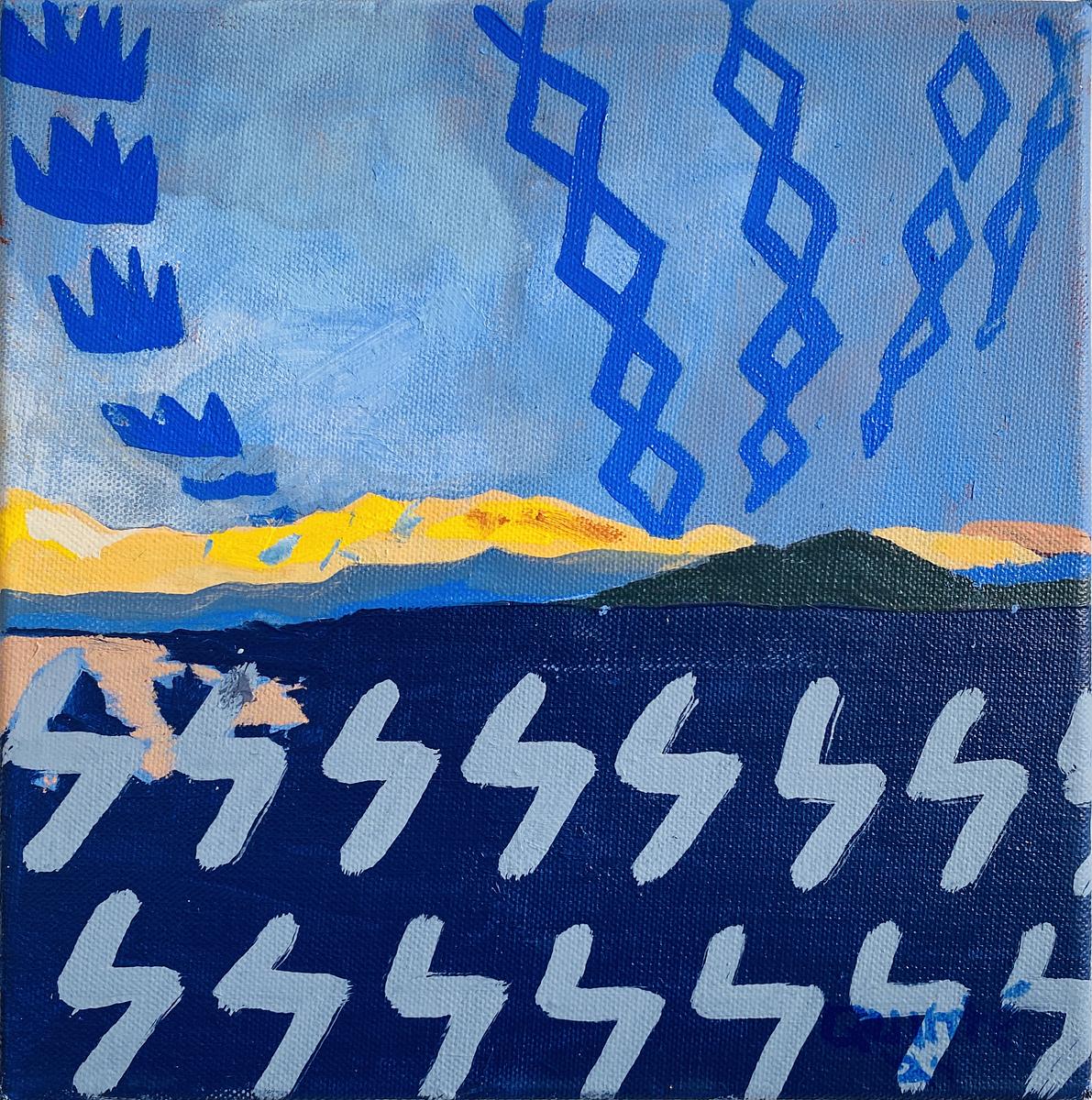 Contemporary Art Abstracted Minimal Mountainscape With Ancestral Markings Oil Painting on Canvas