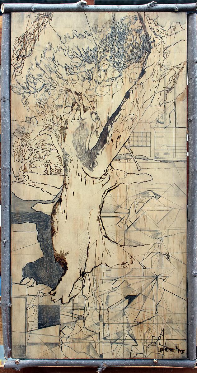 mixed media, contemporary art, contemporary mixed media, wood burning, landscape, trees, eucalyptus, monarch grove, Pismo Beach, magical realism, surrealism, contemporary abstraction, figurative art, Central Coast, architectural, architecture, organic for