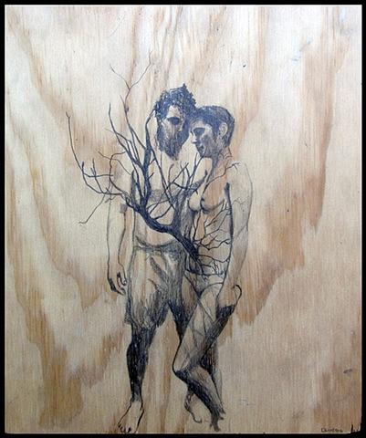 botanical organic branches erotic contemporary figure drawing pencil on wood