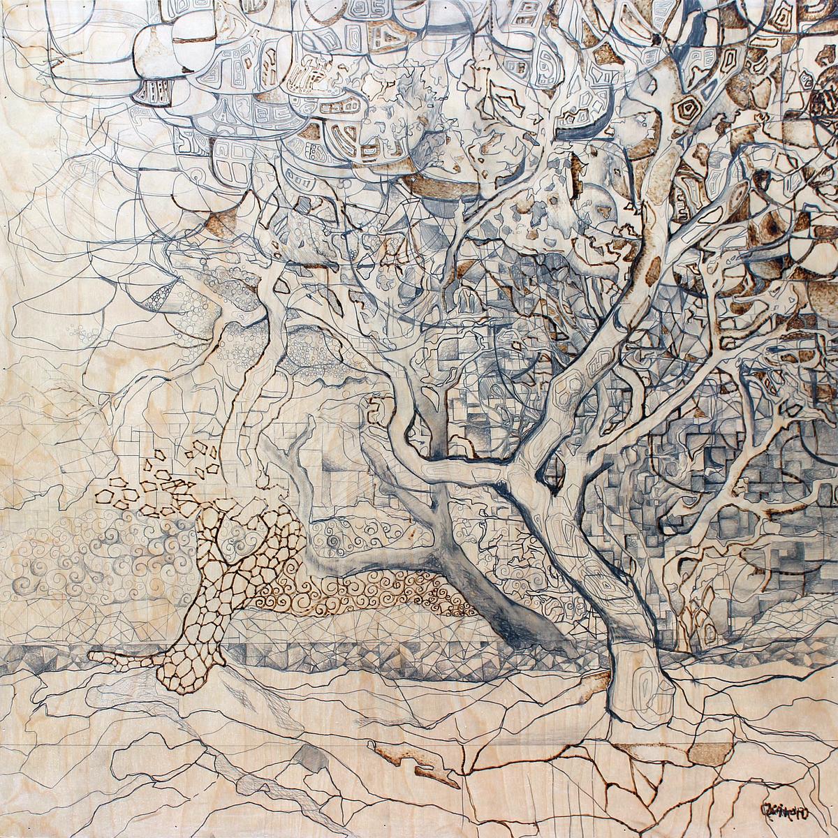Allegorical mixed media artwork surrealistic abstract trees