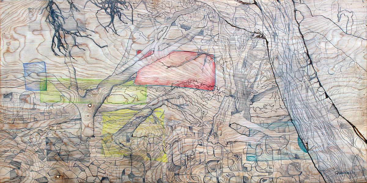 mixed media, contemporary art, contemporary mixed media, wood burning, landscape, trees, eucalyptus, monarch grove, Pismo Beach, magical realism, surrealism, contemporary abstraction, figurative art, Central Coast, architectural, architecture, organic for