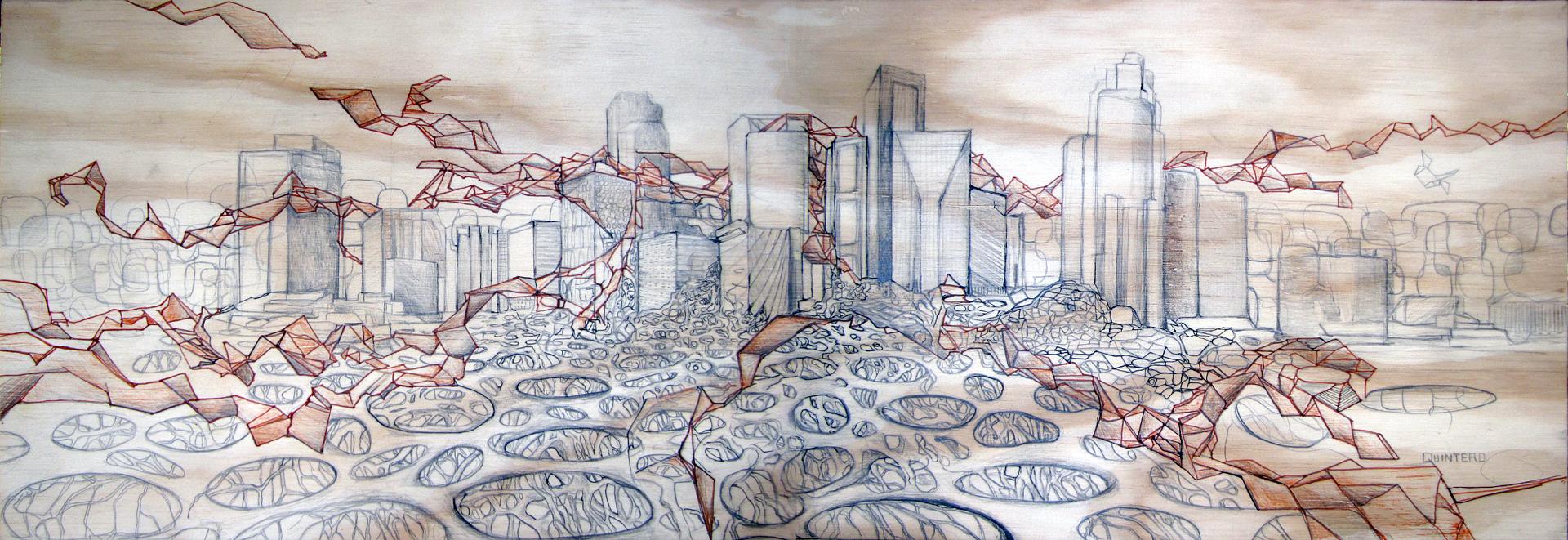 architecture, cityscape, skyline, fantasy city, city roots, drawing on wood, 
