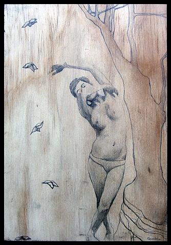 botanical, organic, branches, erotic, contemporary figure drawing, pencil on wood