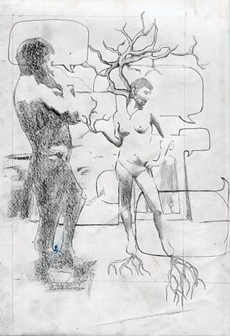 contemporary figurative drawing, surrealist, arboreal