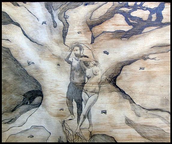 botanical organic branches erotic contemporary figure drawing pencil on wood