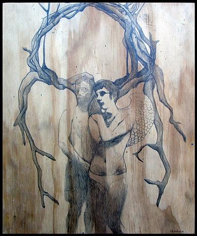 botanical organic branches erotic contemporary figure drawing pencil on wood