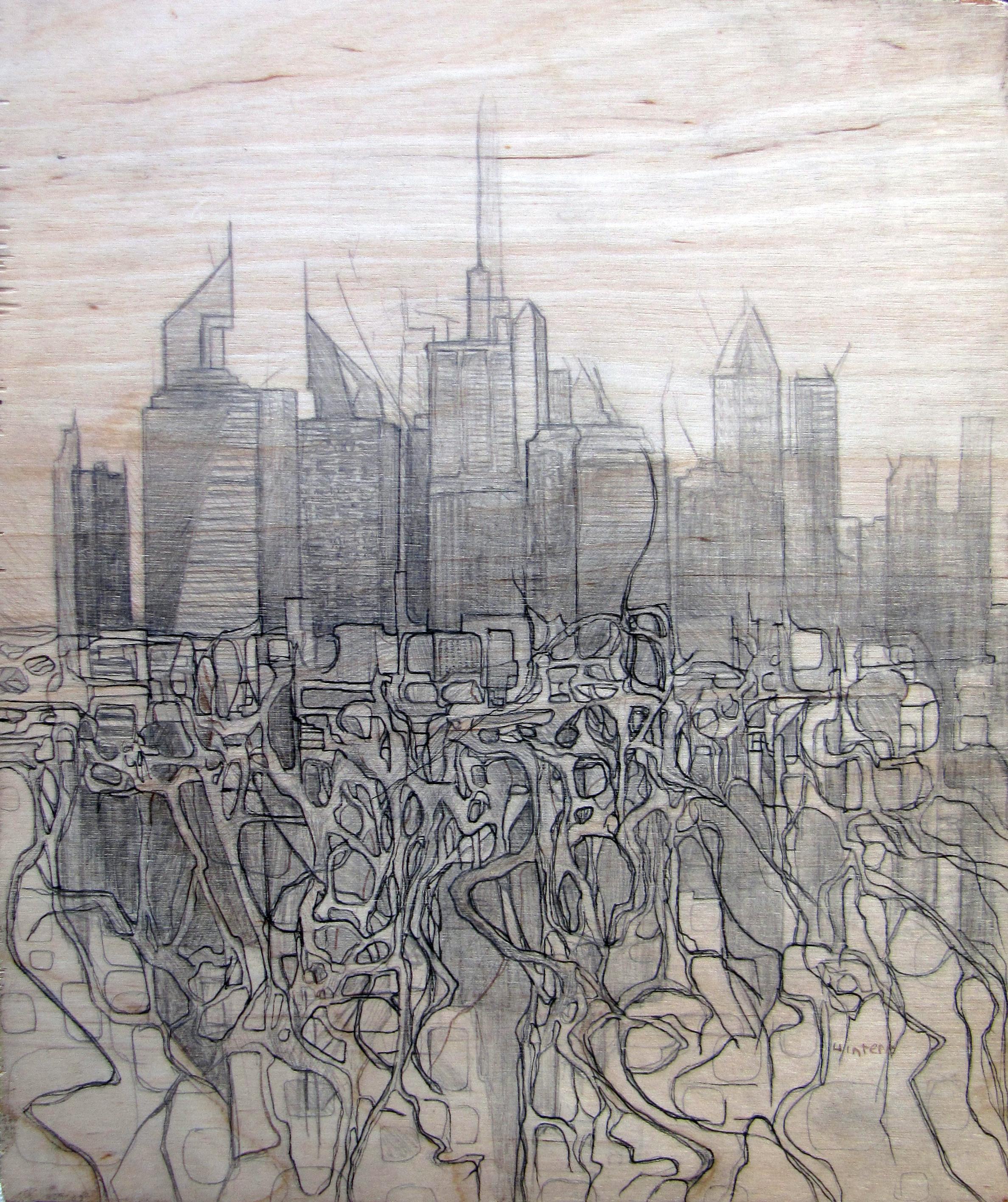 Jordan Quintero, drawing, mixed media, cityscape, city roots, skyline, roots, organitecture, drawings on wood