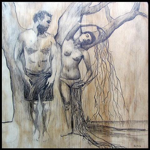 botanical organic branches erotic contemporary figure drawing pencil on wood
