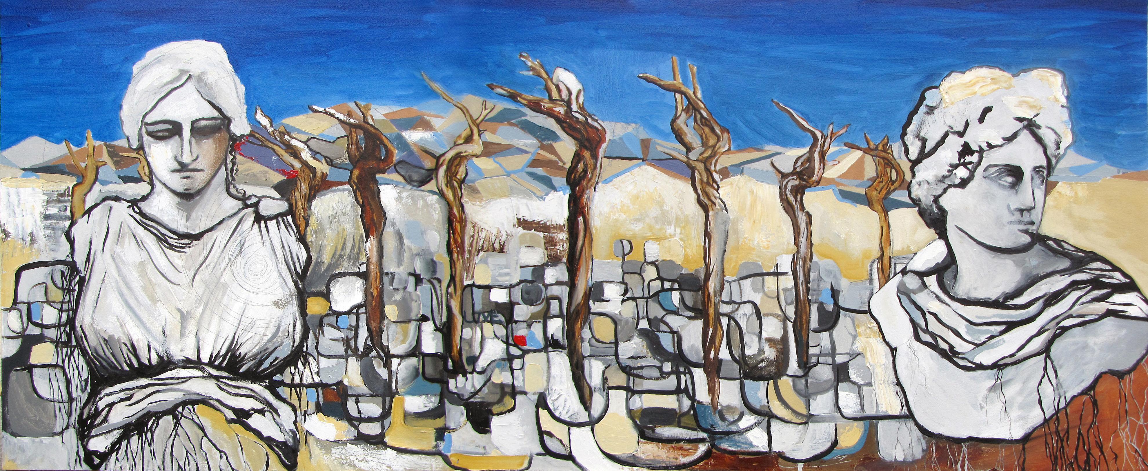 Abstract surrealist contemporary oil painting with mythological themes