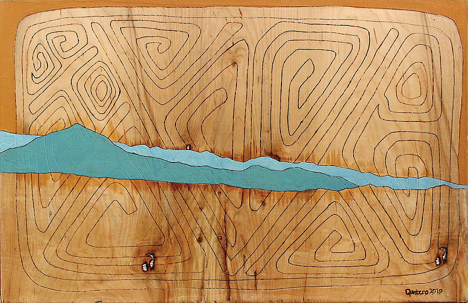 Abstracted Minimal Mountainscape With Ancestral Markings Mixed Media on Raw Wood