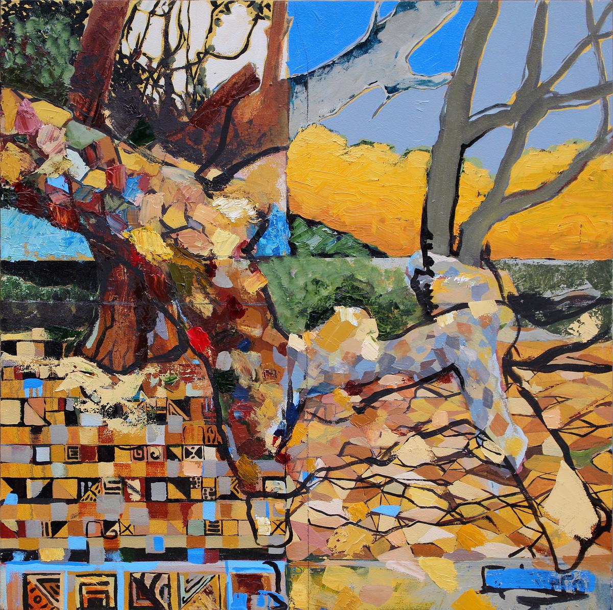 oil painting, contemporary art, figurative abstraction, flowers, metaphysics, landscape, trees, branches, color theory
