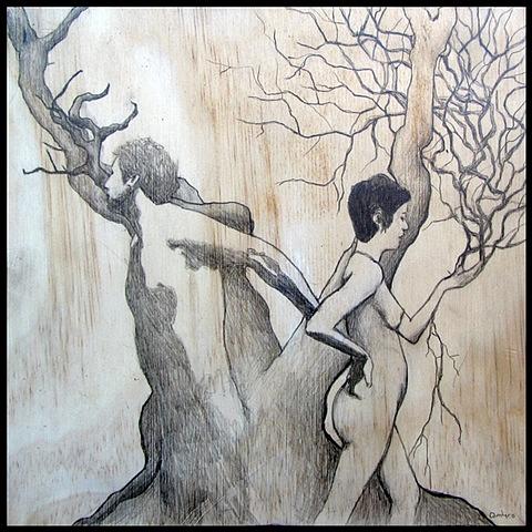 botanical organic branches erotic contemporary figure drawing pencil on wood