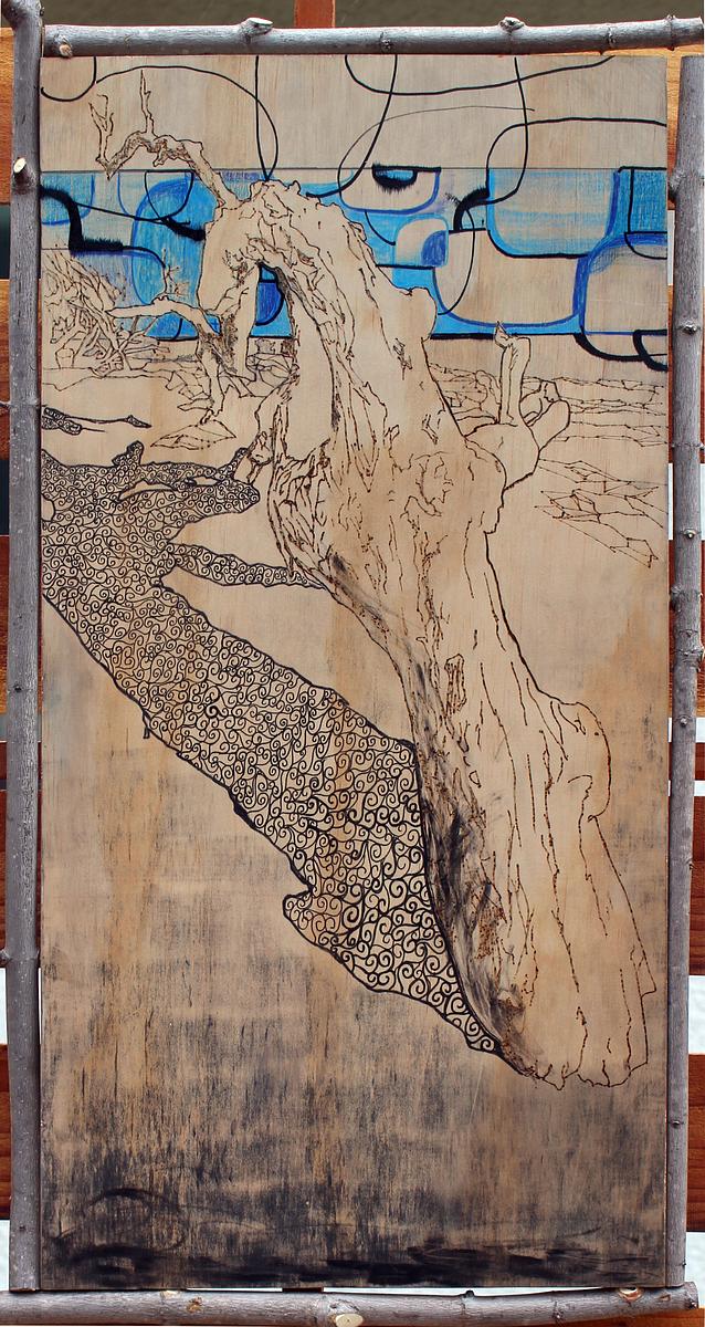 mixed media, contemporary art, contemporary mixed media, wood burning, landscape, Morro Rock, Central Coast, California Landmarks, architectural, architecture, organic form,