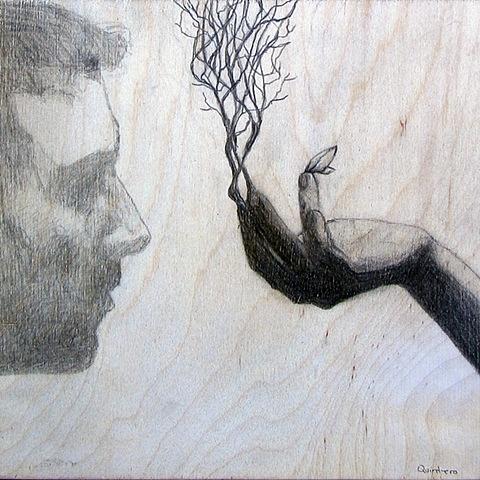 botanical organic branches erotic contemporary figure drawing pencil on wood