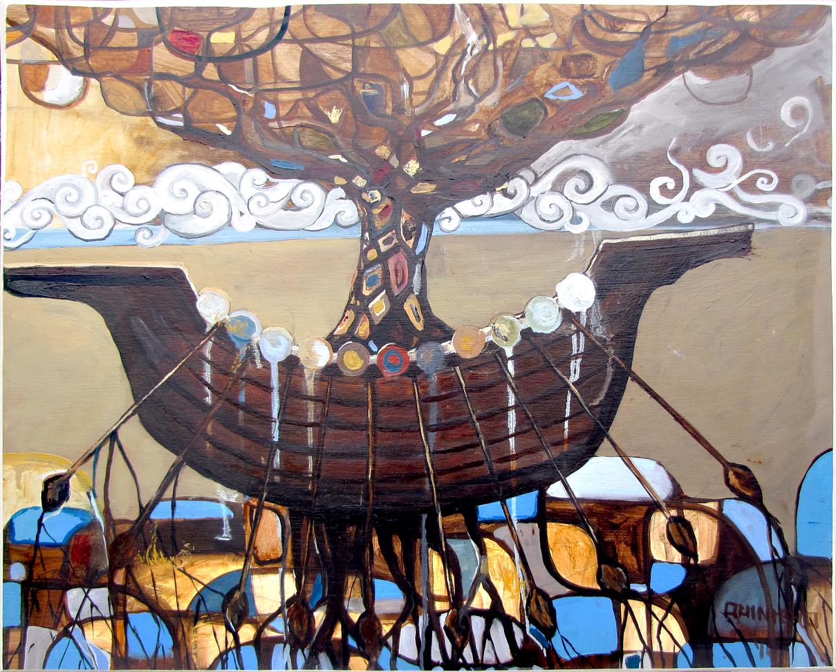Abstract surrealist contemporary oil painting with mythological themes and arboreal motifs. 