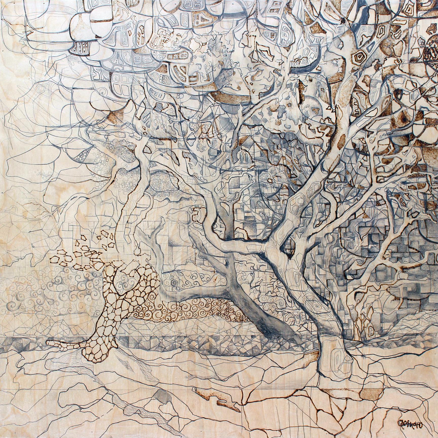Allegorical mixed media artwork surrealistic abstract trees