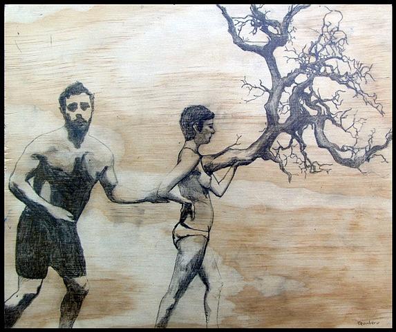 botanical organic branches erotic contemporary figure drawing pencil on wood