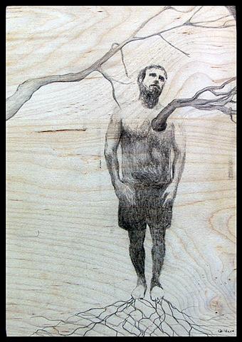botanical organic branches erotic contemporary figure drawing pencil on wood