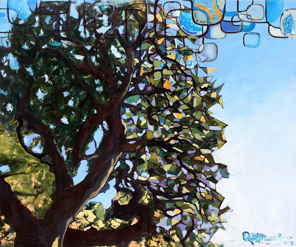 trees, drought, abstract, oil painting, mythology, inversions, oaks, triangles, greens, browns, blues