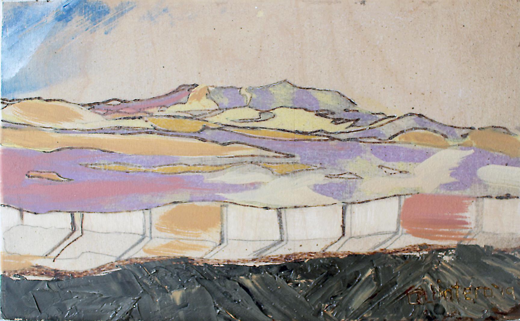 California Abstract Landscape Aztec Symbols Contemporary Mixed Media Painting