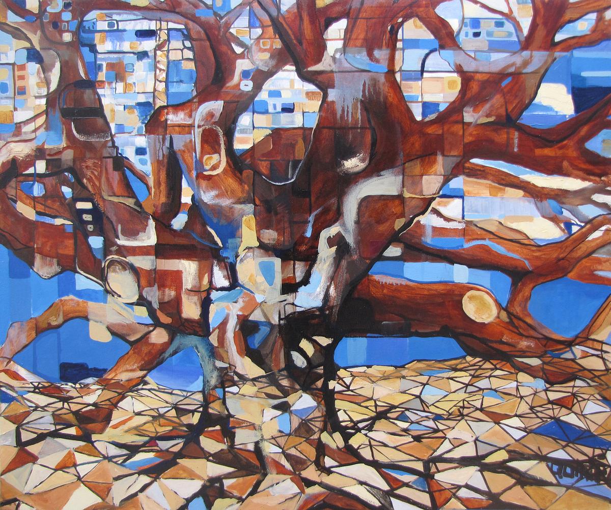 Abstract surrealist contemporary oil painting with mythological themes.  Zeus. Trees. 