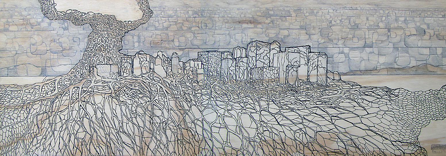 architecture, cityscape, skyline, fantasy city, city roots, drawing on wood,