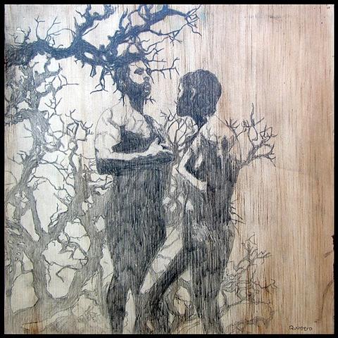 botanical organic branches erotic contemporary figure drawing pencil on wood